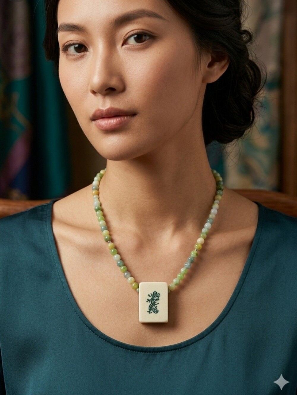 Mahjong lovers designer jade green adjustable choker green dragon necklace